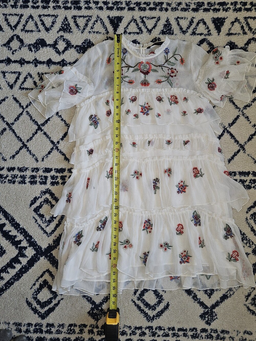 ZARA Boho Embroidered Floral Ruffle White Mini Dress - Picture 11 of 16